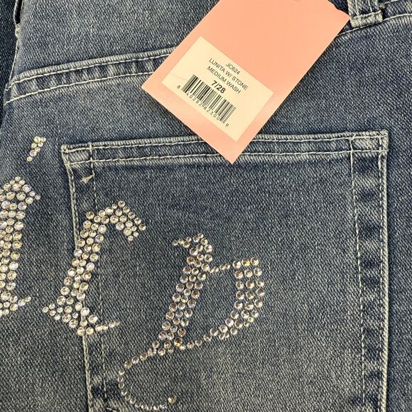 Juicy Couture Jeans Women's 7/28 Blue Lunita Wide Leg Rhinestone Logo Flare NWT - Picture 4 of 14